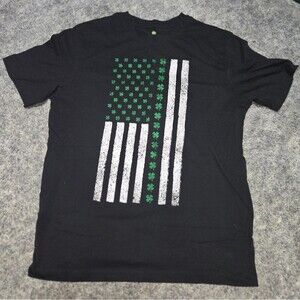 Black T-Shirt with Green and White American Flag Design With For Leaf Clovers M